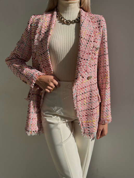 Düğme Kapamalı Naevus Kadın Pembe Püsküllü Tüvit Ceket 23K000084