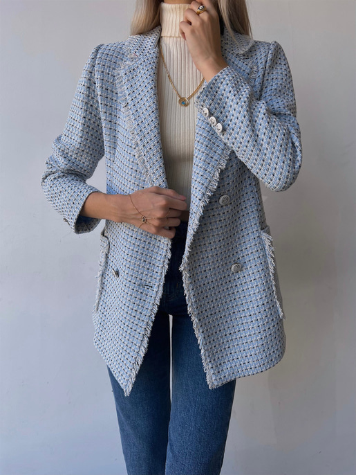 Düğme Kapamalı Yanları Cepli Paulus Kadın Mavi Saçaklı Tüvit Ceket 23K000080