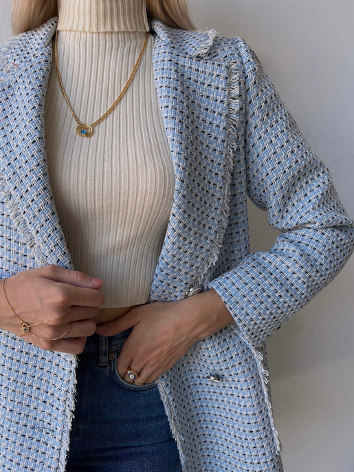 Düğme Kapamalı Yanları Cepli Paulus Kadın Mavi Saçaklı Tüvit Ceket 23K000080