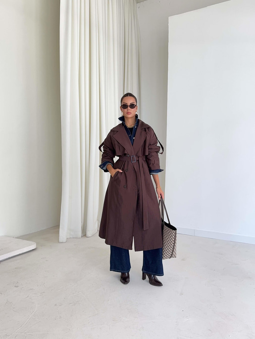 Düğmeli Kemer Detaylı Ember Kahve Kadın Trenç 26K014