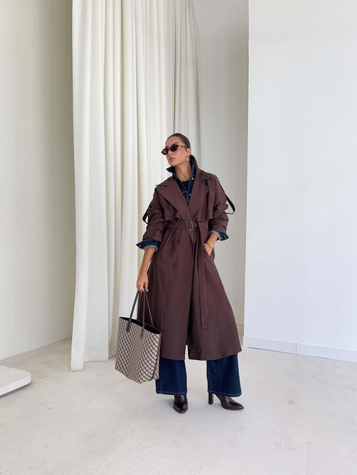 Düğmeli Kemer Detaylı Ember Kahve Kadın Trenç 26K014