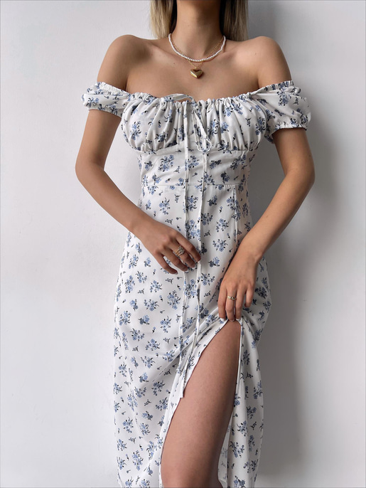 Düşük Kısa Kollu Önü Bağcık Detaylı Rıver Kadın Mavi Çiçekli Elbise 23Y000227