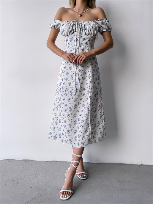 Düşük Kısa Kollu Önü Bağcık Detaylı Rıver Kadın Mavi Çiçekli Elbise 23Y000227