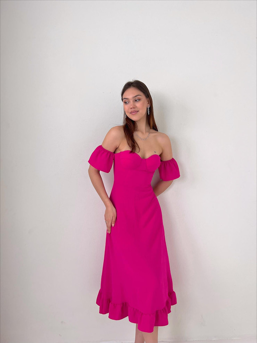 Düşük Lastik Kol Eteği Volanlı Sarina Kadın Pembe Midi Elbise 23Y000026