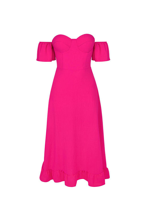 Düşük Lastik Kol Eteği Volanlı Sarina Kadın Pembe Midi Elbise 23Y000026