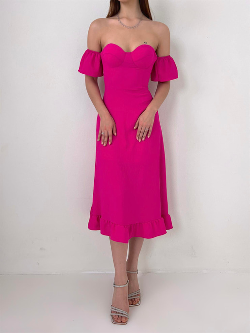 Düşük Lastik Kol Eteği Volanlı Sarina Kadın Pembe Midi Elbise 23Y000026