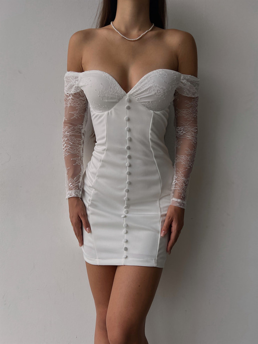Düşük Omuz Kolları Tül Önü Düğme Detaylı Adriano Kadın Beyaz Mini Elbise 23K000120