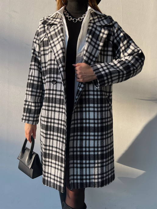 Ekoseli Kruvaze Kapanan Rosalie Kadın Siyah Kaban 22K000159