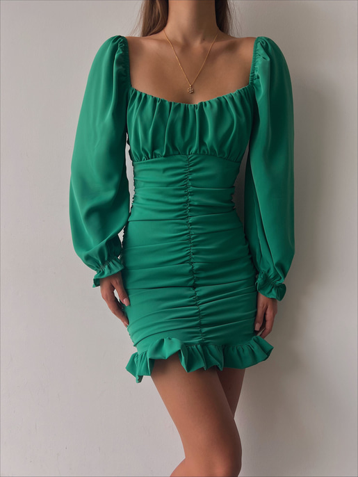 Etek Kısmı Volanlı Drapeli Camila Kadın Yeşil Mini Elbise 22K000196