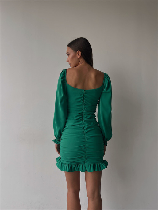 Etek Kısmı Volanlı Drapeli Camila Kadın Yeşil Mini Elbise 22K000196