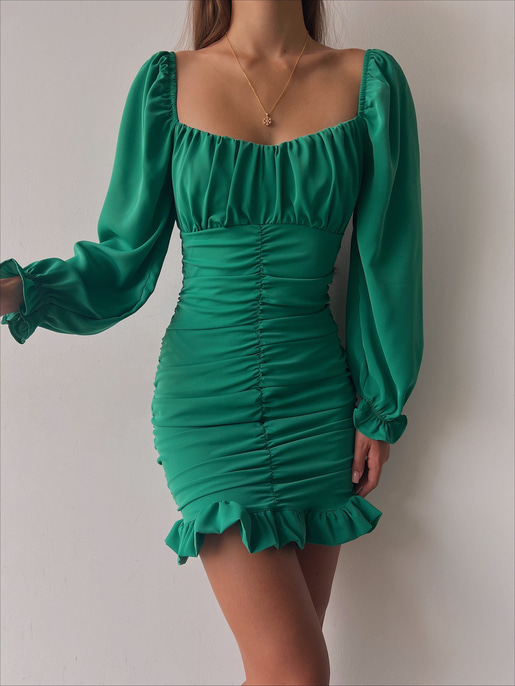 Etek Kısmı Volanlı Drapeli Camila Kadın Yeşil Mini Elbise 22K000196