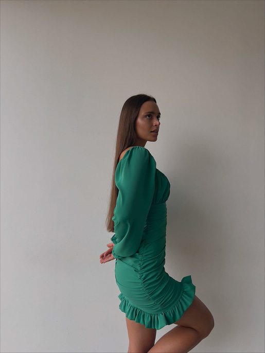 Etek Kısmı Volanlı Drapeli Camila Kadın Yeşil Mini Elbise 22K000196