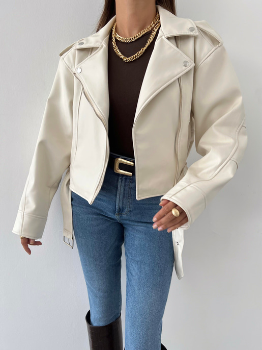 Fermuar Kapamalı Kemer Detaylı Pankrati Kadın Ekru Deri Ceket 23Y000618