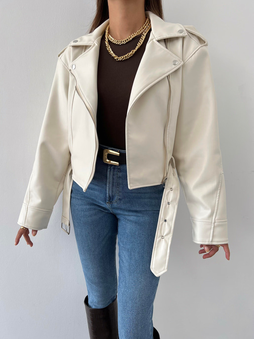 Fermuar Kapamalı Kemer Detaylı Pankrati Kadın Ekru Deri Ceket 23Y000618