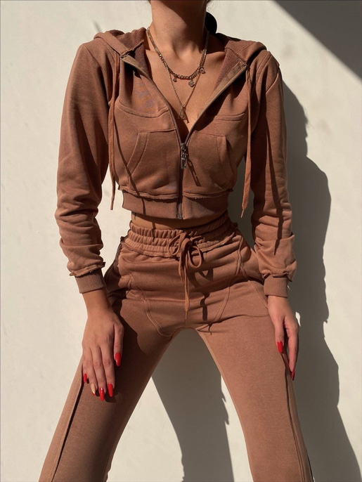 Fermuarlı Kısa Sweat Lastikli Alt Elaine Kadın Taba İkili Eşofman Takım 22K000260