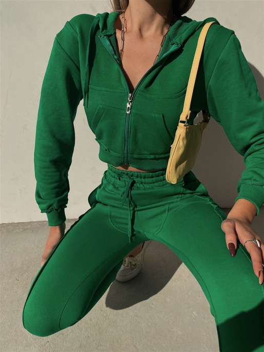 Fermuarlı Kısa Sweat Lastikli Alt Elaine Kadın Yeşil İkili Eşofman Takım 22K000260