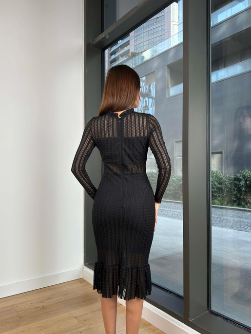 Fırfırlı Dik Yaka Dantel Uzun Kollu Birdie Kadın Siyah Midi Elbise 23Y000095