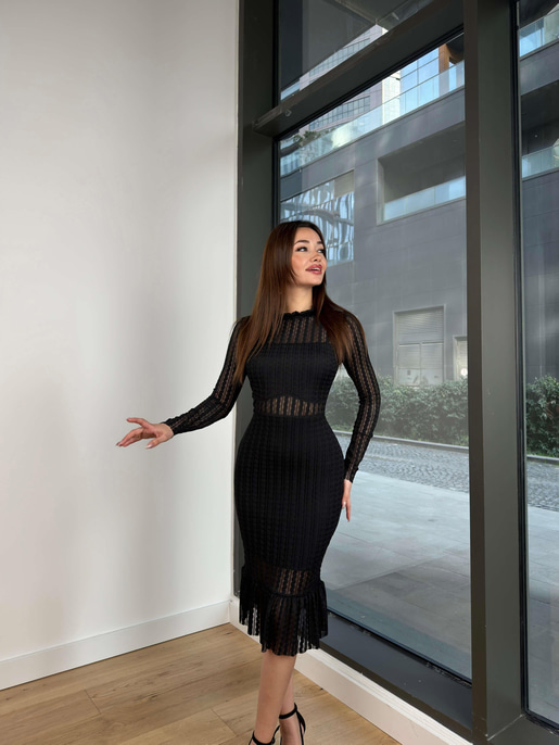 Fırfırlı Dik Yaka Dantel Uzun Kollu Birdie Kadın Siyah Midi Elbise 23Y000095