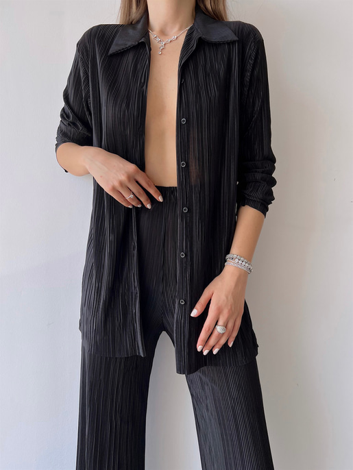 Fitilli Piliseli Kumaş Tatiana Kadın Siyah İkili Takım 22Y000295