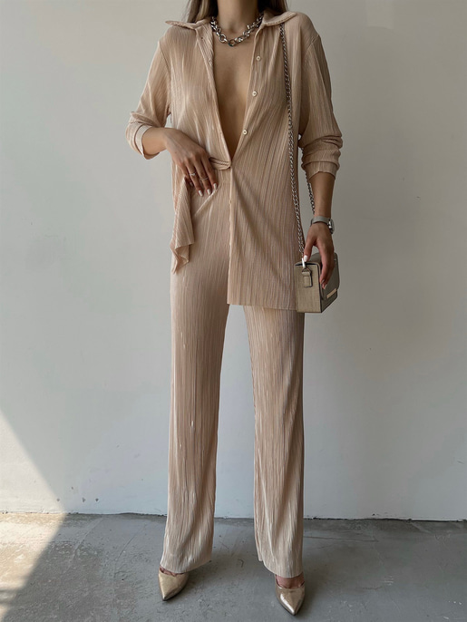 Fitilli Piliseli Kumaş Tatiana Kadın Taş Renk İkili Takım 22Y000295