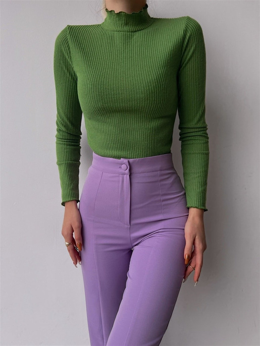 Fitilli Yarım Balıkçı Yaka Kadın Yeşil Triko Bluz 22K000459