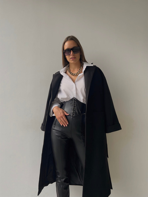 Geniş Cepli Oversize Beli Kemerli Darian Kadın Siyah Kaban 23K000073