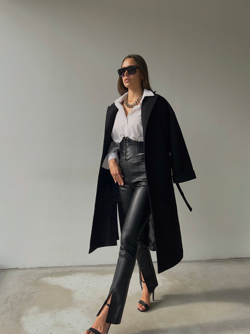 Geniş Cepli Oversize Beli Kemerli Darian Kadın Siyah Kaban 23K000073