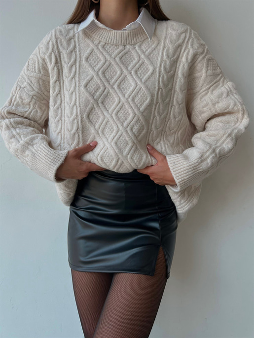 Geniş Kesim Axel Kadın Ekru Örme Triko Kazak 23K000070