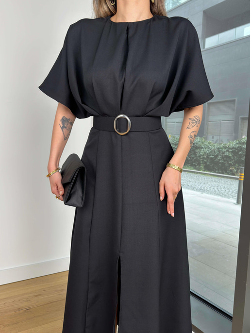 Geniş Kol Beli Kemerli Daril Kadın Siyah Midi Elbise 24Y511