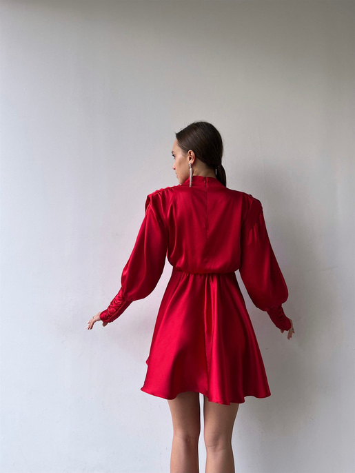 Geniş Manşet Dökümlü Yaka Lastik Bel Feliciano Kadın Kırmızı Elbise 22K000070