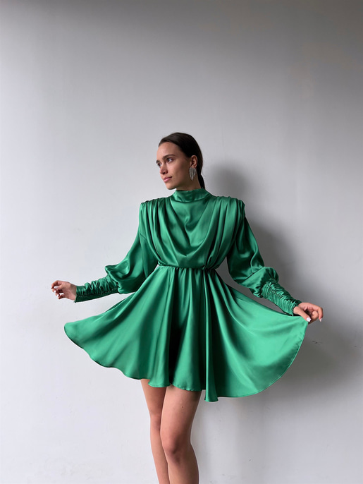 Geniş Manşet Dökümlü Yaka Lastik Bel Feliciano Kadın Yeşil Elbise 22K000070