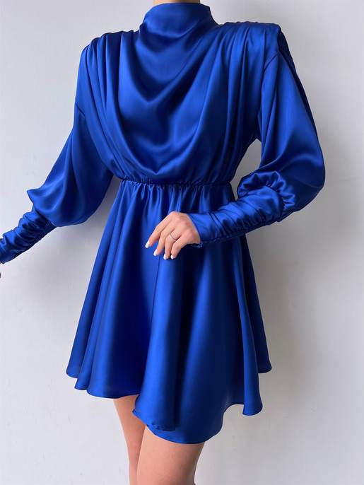 Geniş Manşet Dökümlü Yaka Lastik Bel Feliciano Kadın Saks Elbise 22K000070