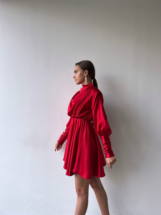 Geniş Manşet Dökümlü Yaka Lastik Bel Feliciano Kadın Kırmızı Elbise 22K000070