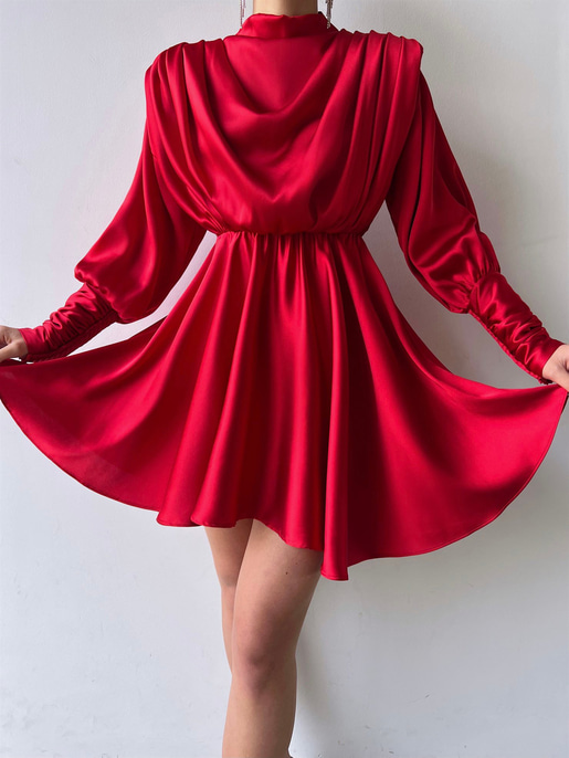 Geniş Manşet Dökümlü Yaka Lastik Bel Feliciano Kadın Kırmızı Elbise 22K000070