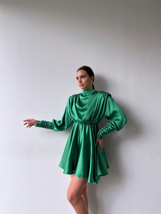 Geniş Manşet Dökümlü Yaka Lastik Bel Feliciano Kadın Yeşil Elbise 22K000070