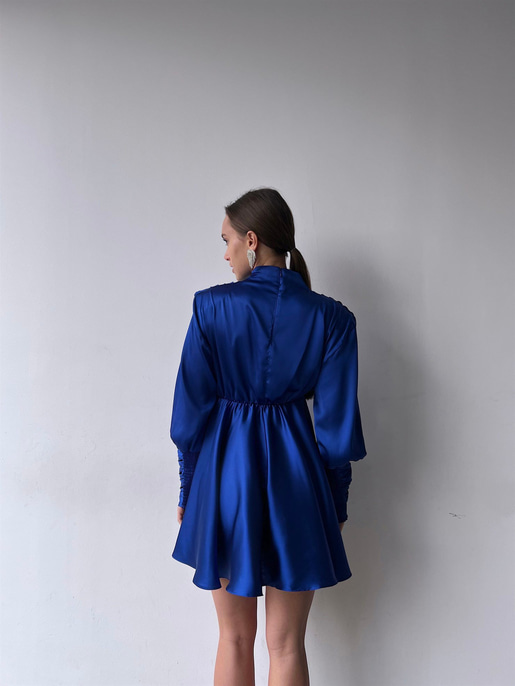 Geniş Manşet Dökümlü Yaka Lastik Bel Feliciano Kadın Saks Elbise 22K000070