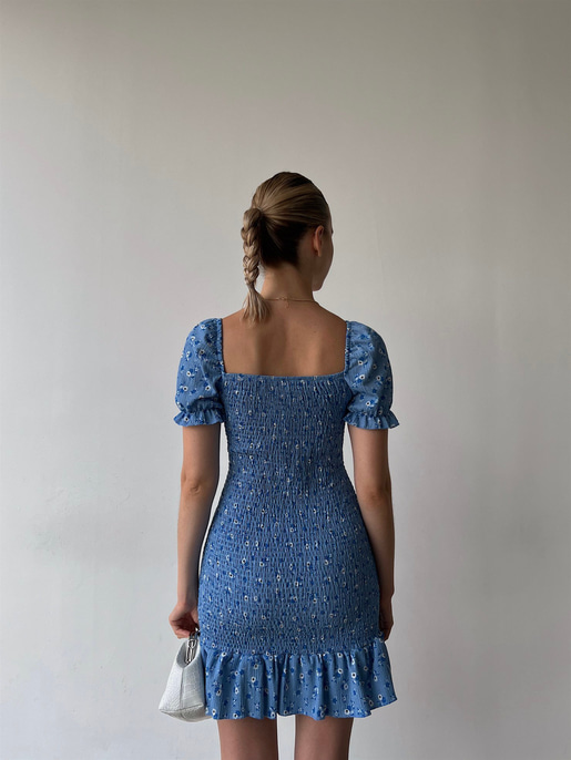 Gipeli Düşük Omuz Çiçek Desenli Volanlı Vox Kadın Mavi Elbise 22Y000356