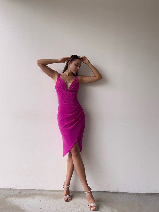 Göğüs Dekolteli Drapeli Mini Korse Aleah Kadın Fuşya Elbise 22K000544