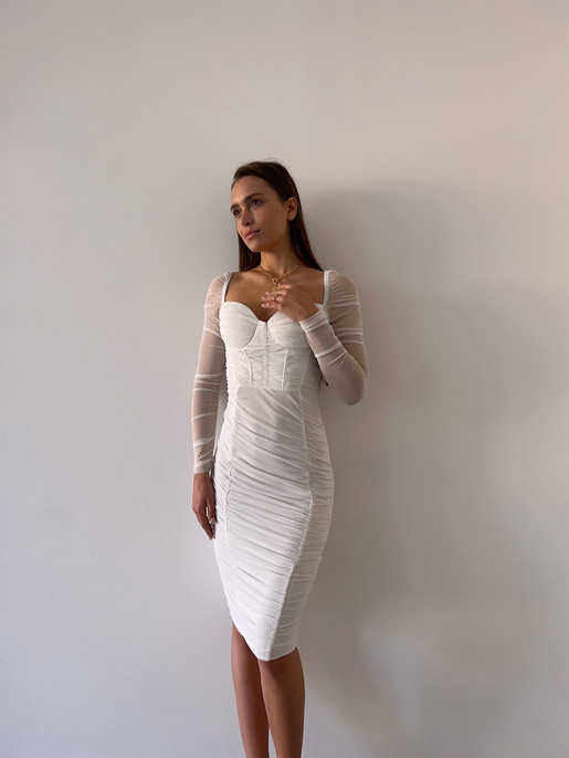 Göğüs Gloplu Omuz Lastikli Uzun Tül Kol Drapeli Linnaeus Kadın Beyaz Mini Elbise 23K000103