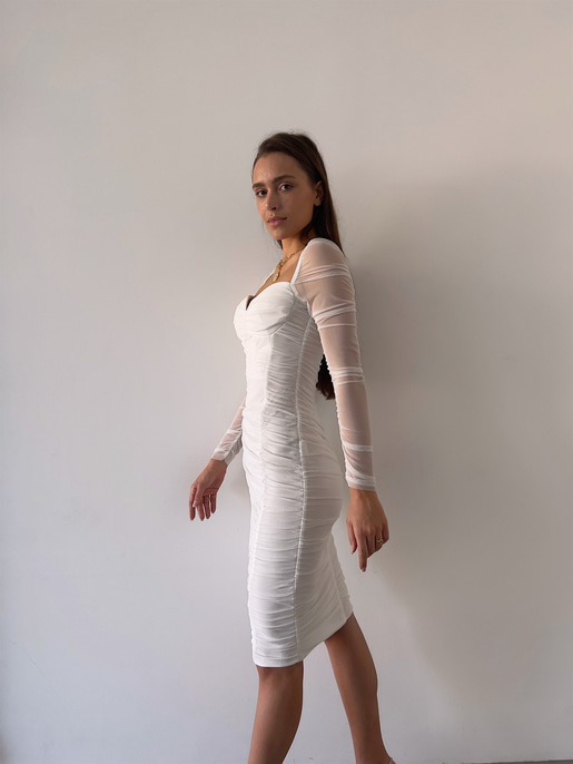 Göğüs Gloplu Omuz Lastikli Uzun Tül Kol Drapeli Linnaeus Kadın Beyaz Mini Elbise 23K000103