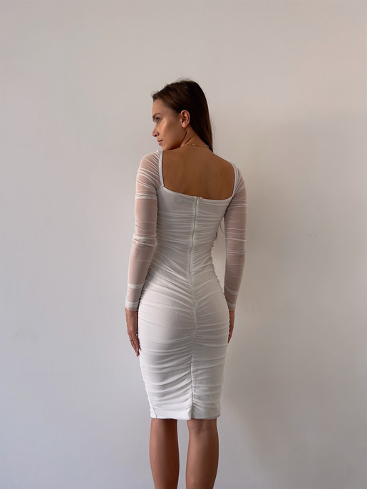 Göğüs Gloplu Omuz Lastikli Uzun Tül Kol Drapeli Linnaeus Kadın Beyaz Mini Elbise 23K000103