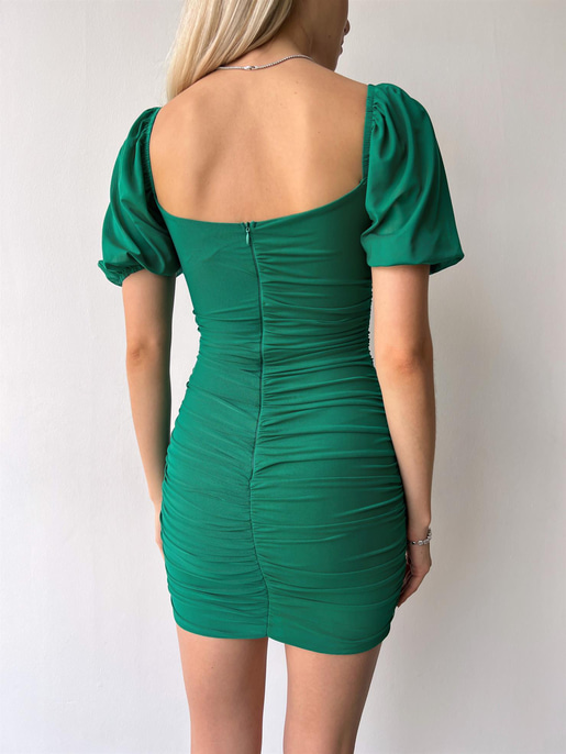 Göğüs Kuplu Açık Omuz Drapeli Kadın Yeşil Tül Elbise 21Y000367