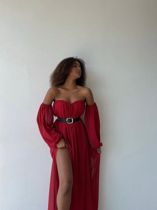 Göğüs Kuplu Şifon Çift Yırtmaçlı Uzun Severus Kadın Kırmızı Elbise 22Y000417