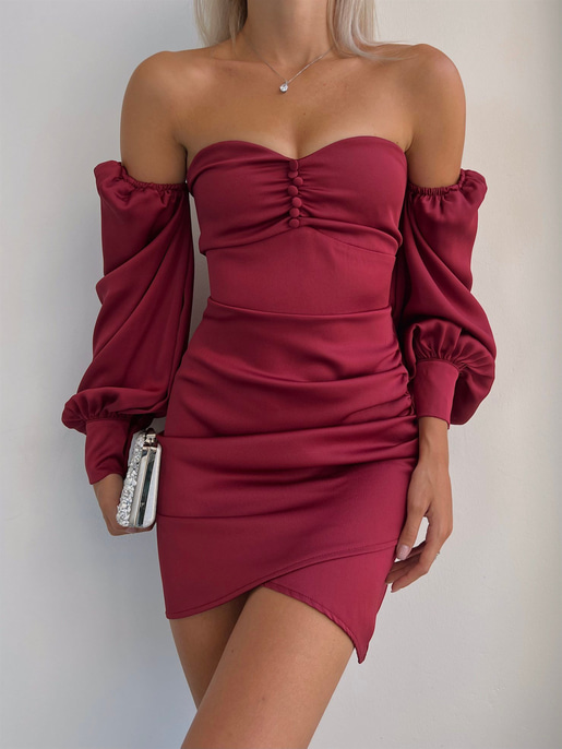 Göğüsü Büzgülü Düğme Detay Balon Kol Drape Aidenn Kadın Bordo Elbise 22Y000011