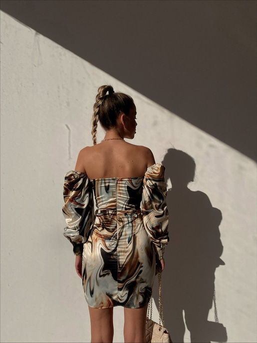 Göğüsü Büzgülü Düğme Detay Balon Kol Drape Aidenn Kadın Renkli Elbise 22Y000011