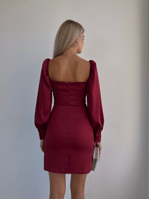 Göğüsü Büzgülü Düğme Detay Balon Kol Drape Aidenn Kadın Bordo Elbise 22Y000011