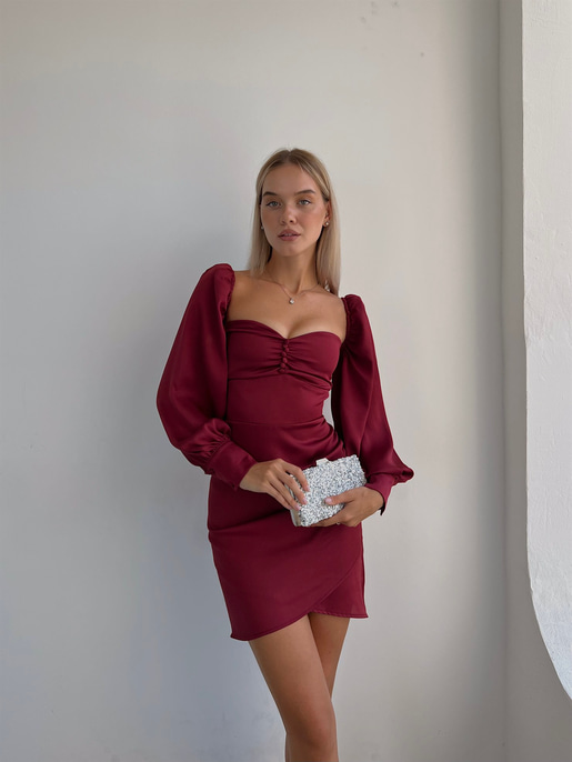 Göğüsü Büzgülü Düğme Detay Balon Kol Drape Aidenn Kadın Bordo Elbise 22Y000011