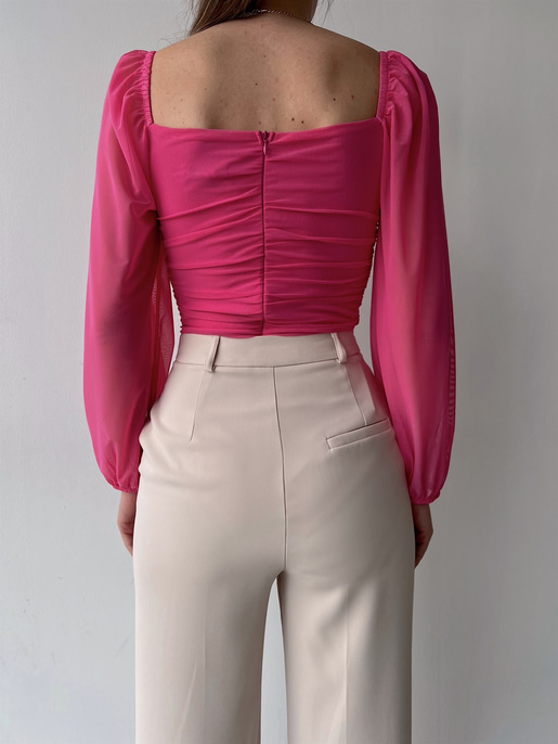 Göğüsü Kuplu Balon Tül Kol Büzgülü Brandy Kadın Pembe Bodysuit 22Y000021