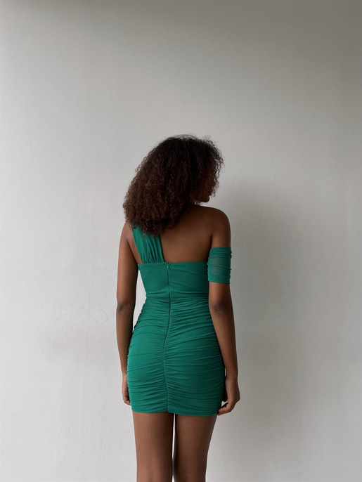 Göğüsü Pencere Detaylı Drapeli Tek Omuz Zanna Kadın Yeşil Mini Elbise 22Y000399