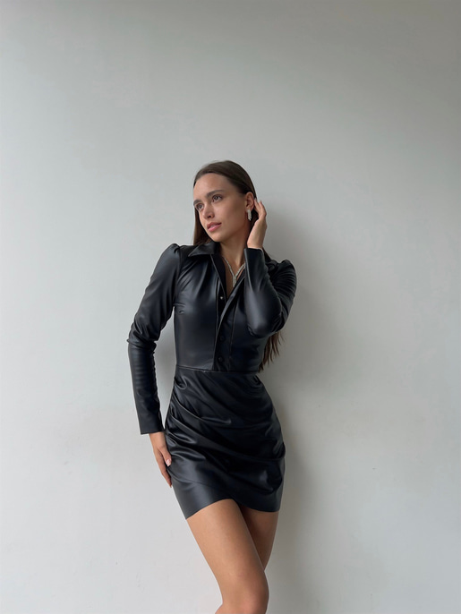 Gömlek Yaka Eteği Büzgülü Ambre Kadın Siyah Deri Elbise 22K000265